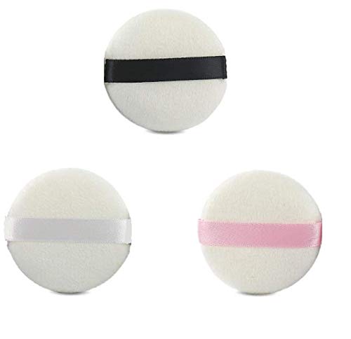 LASSUM 3 Pieces Round Super Soft Velour Powder Puff 2.16 Inch Facial Puff With Ribbon (Color Random)
