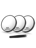 Macaki 20X&30X&40X Magnifying Mirror Suction Cup, 3.5 in Small Magnified Mirror with Tweezers, Black, Set of 3