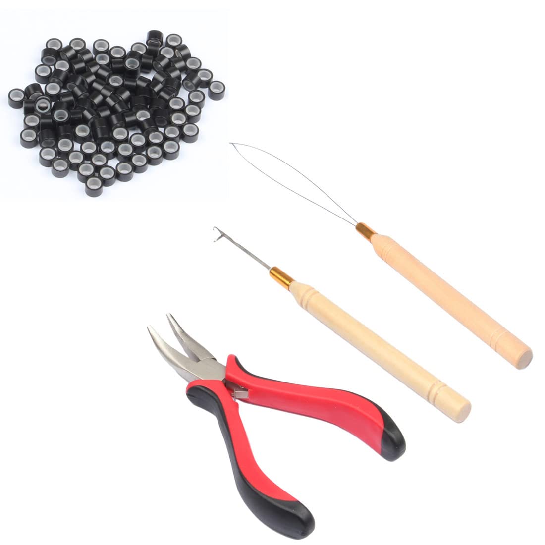 FeiHong Micro Links Hair Extensions Tools Kit, 200 Pieces Silicone Lined Micro Rings Bead, Plier, Hair Pulling Hooks and Beads Device for Professional