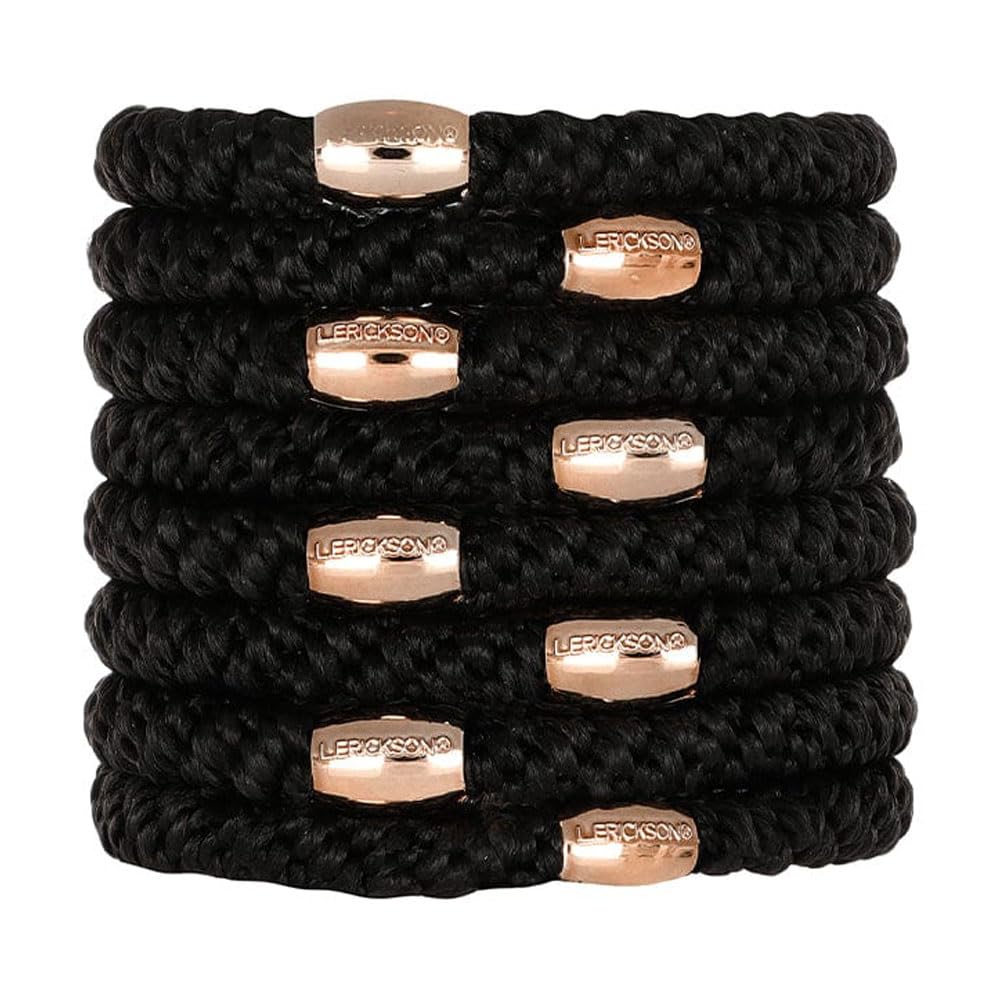 L. Erickson Grab & Go Pony  Black and Rose Gold  8 Pack Ponytail Holder Hair Ties  Rose Gold Bead