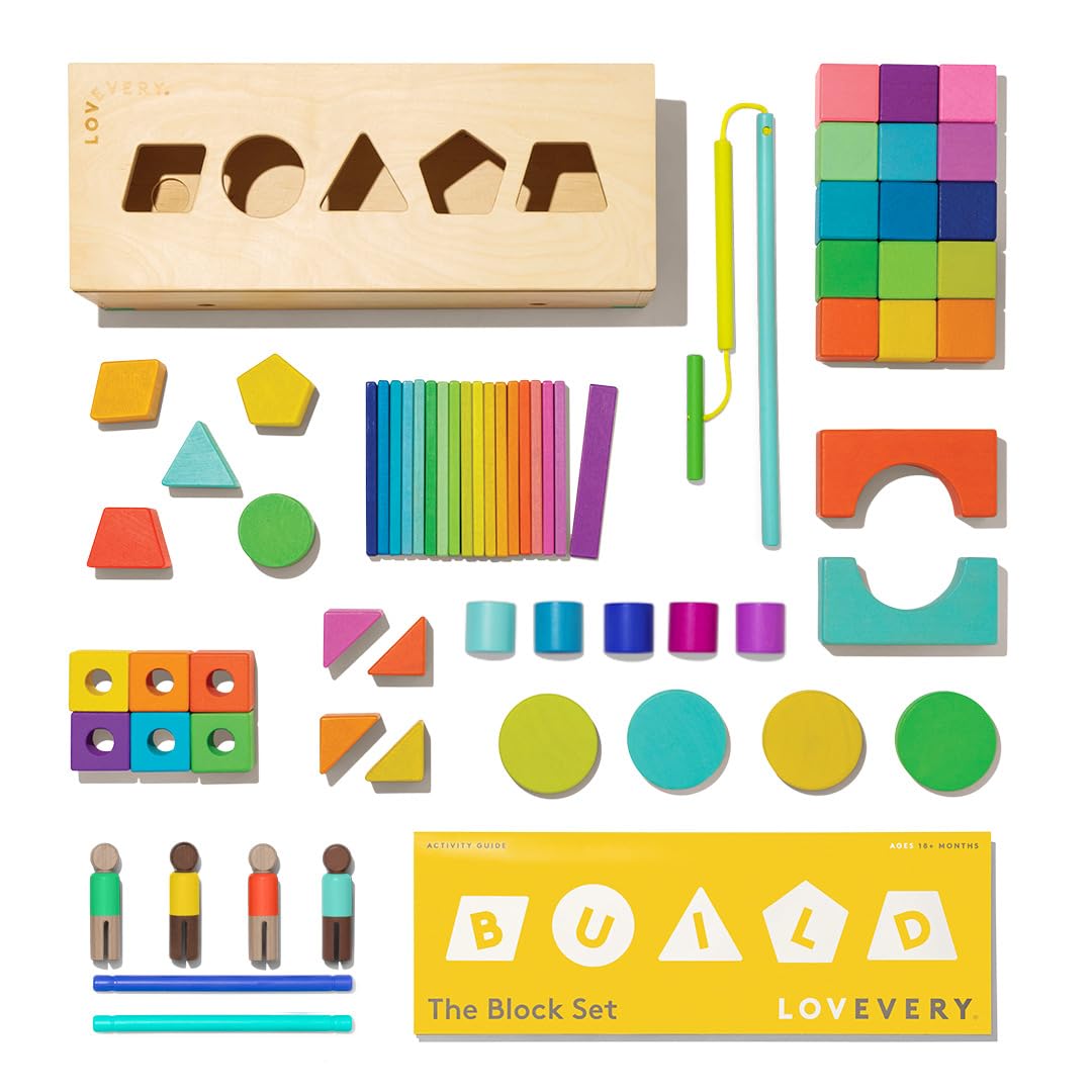 LOVEVERY | The Block Set | Solid Wood Building Blocks and Shapes + Wooden Storage Box, 70 Pieces, 18 Colors, 20+ Activities, Toddler Block Set and Con