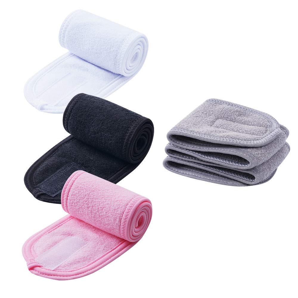 4 PCS Facial Spa Headbands(White, Black, Pink,Gray), Makeup Shower Bath Wrap Sport Headband Terry Cloth Stretch Towel with Magic Tape