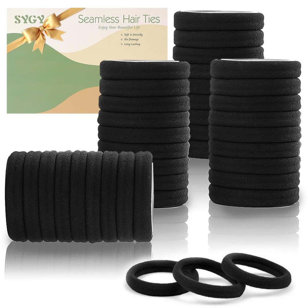 100PCS Black Hair Ties for Women, No Crease No Damage, Seamless Cotton Bands for Thick Thin Hair, Soft Ponytail Holders, Accessories for Girls