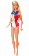 Barbie 1975 Gold Medal Doll Reproduction, Wearing OlympicsThemed OnePiece and Gold Medal Accessory. with Doll Stand and Certificate of Authenticity,