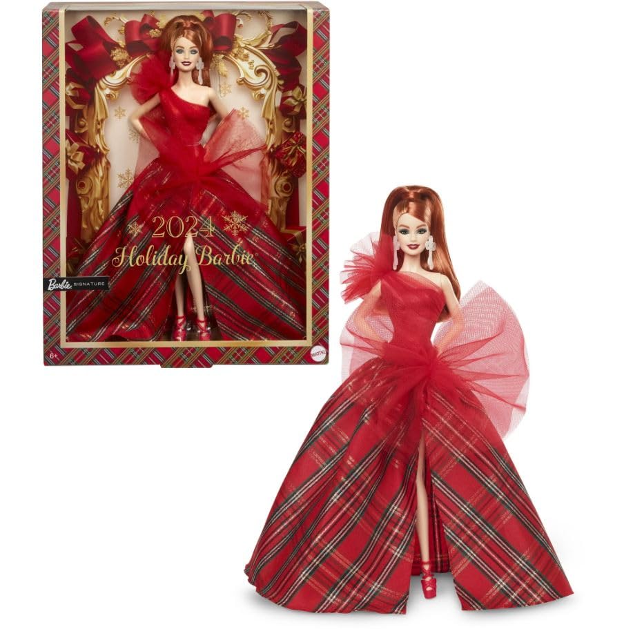 Barbie Signature Doll, 2024 Holiday Red Hair Fashion Doll Wearing Gown with Plaid Skirt, Seasonal Collector Gift in Displayable Packaging