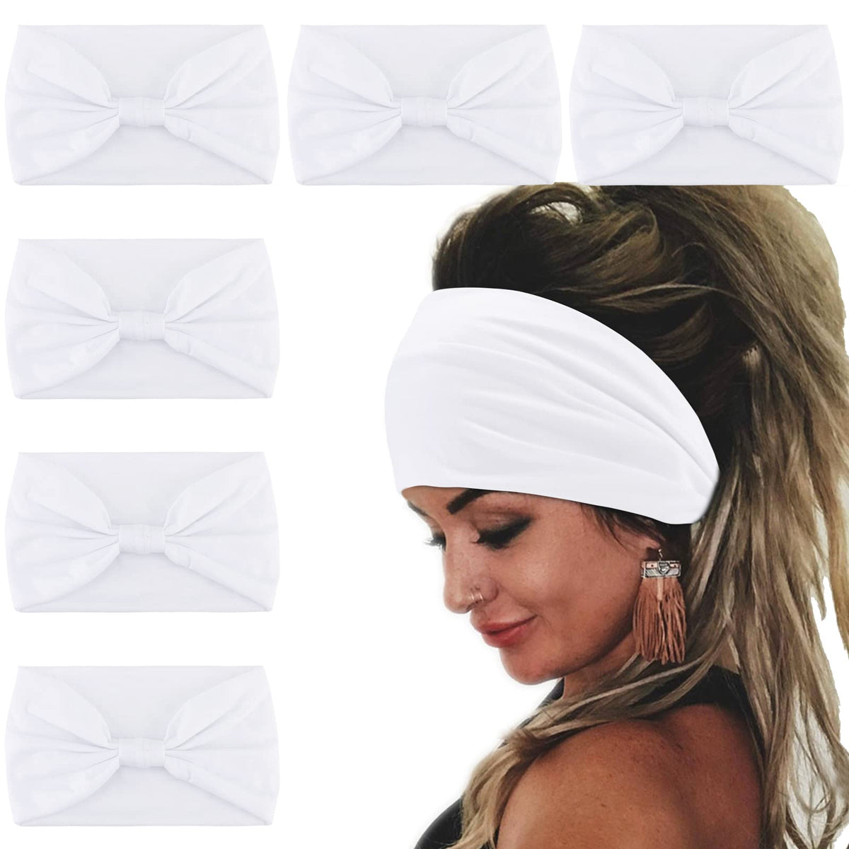 Wecoe 6 Pack White Headbands for Women Wide Elastic Headbands Fashion African Headbands For Wigs Head Wrap Knotted Headbands Sports Running Workout Yo