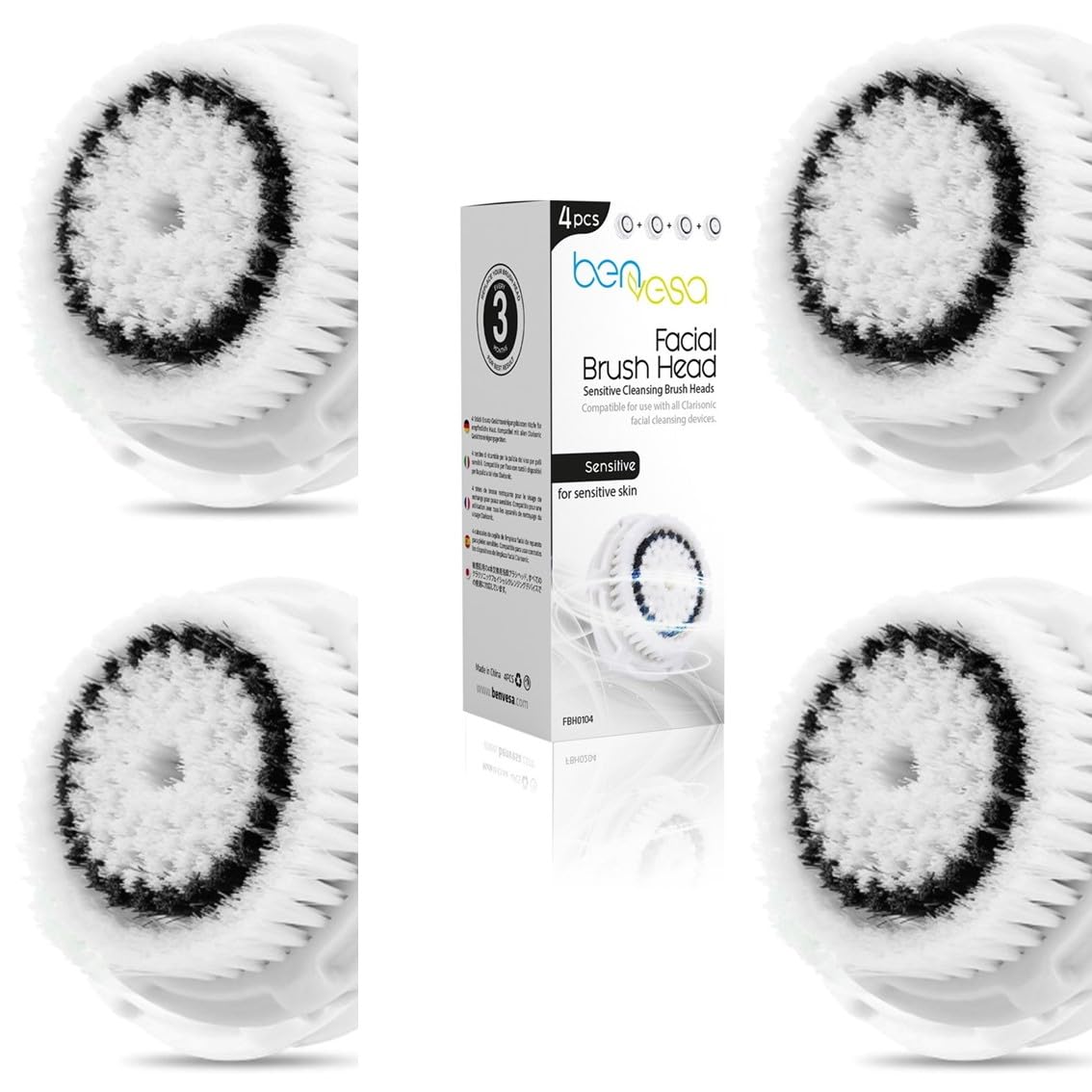 benvesa Sensitive Replacement Facial Cleansing Brush Head, 4 Pack, (BSE4)