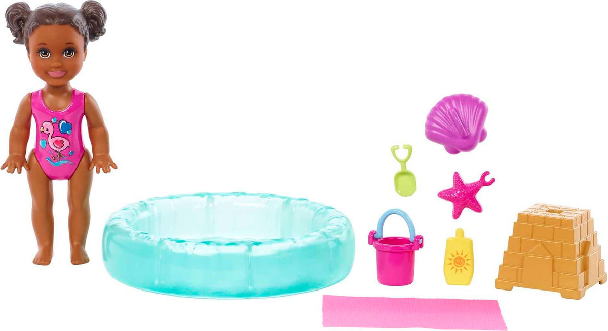 Barbie Skipper Babysitters Inc Small Doll & Accessories Playset with Brunette Doll, Swimming Pool & WaterThemed Pieces