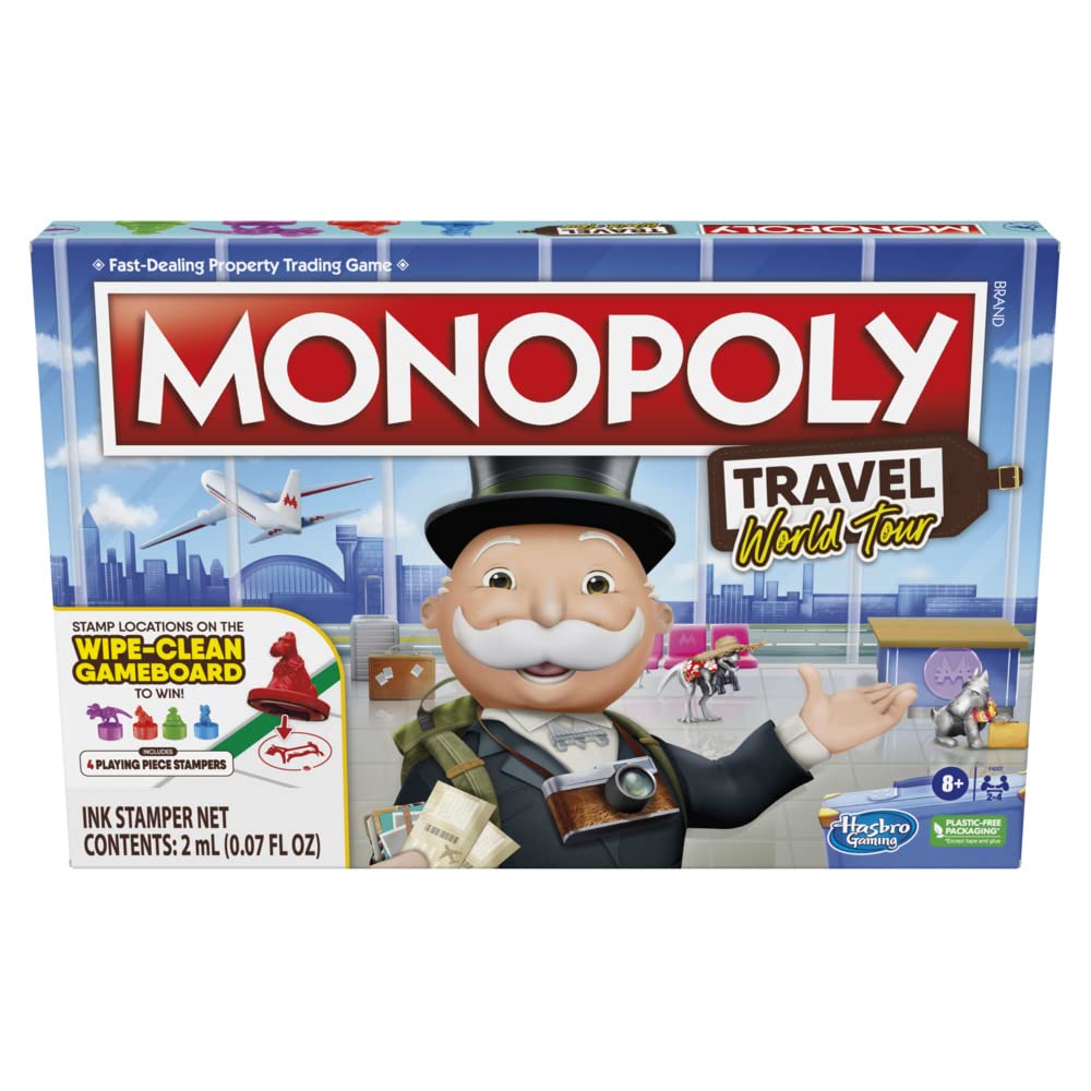 Hasbro Gaming Monopoly Travel World Tour Strategy Board Game for Family & Kids, Classic Gameplay with Geography Twist, Includes DryErase Gameboard & 