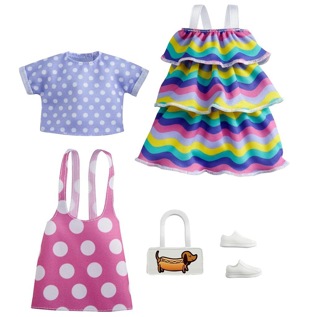 Barbie Fashions 2Pack Clothing Set, 2 Outfits Doll Include Pink PolkaDot Jumper, Purple PolkaDot Top, Striped Dress & 2 Accessories, Gift for Kids 