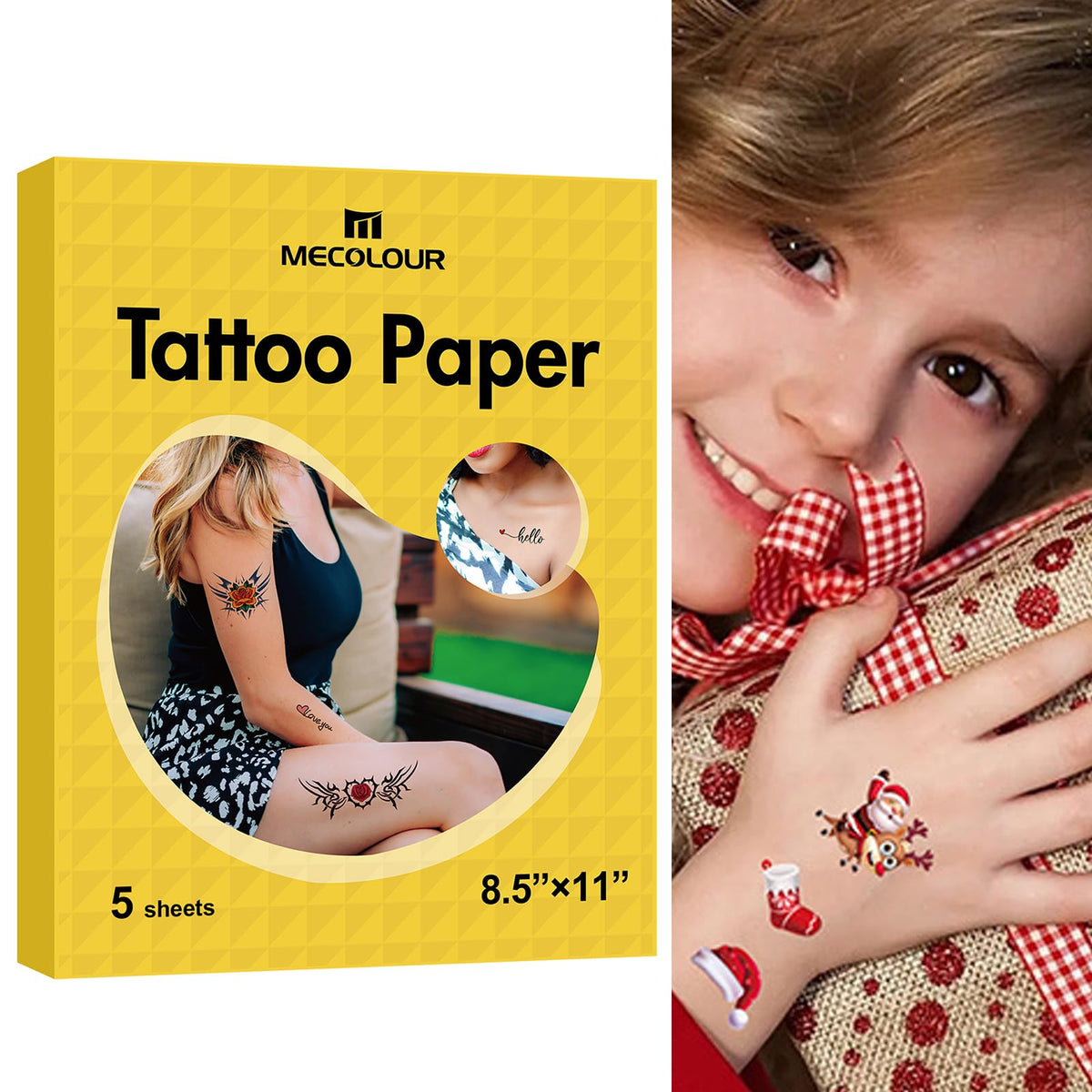 MECOLOUR Printable Temporary Tattoo Paper 8.5inchX11inch5 Sets for Inkjet printer DIY Image Transfer Decal Paper for Skin, For Celebrate Festivals, Parties