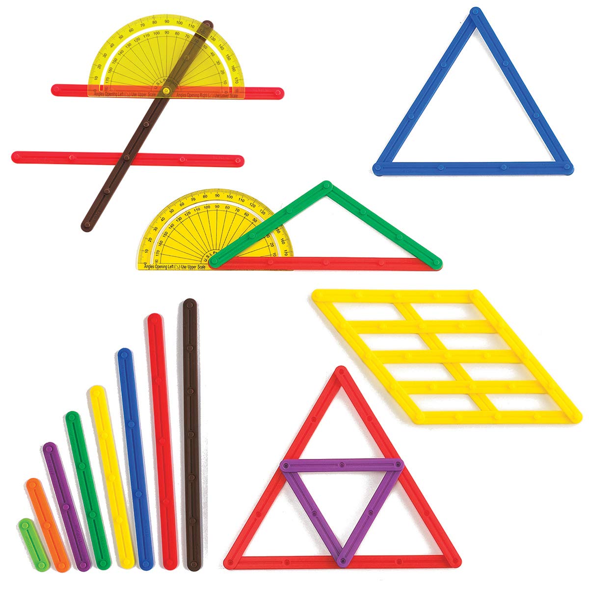 LEARNING ADVANTAGE GeoStix Basic Set  80 Construction Sticks  24 Activity Cards  2 Protractors  Build 2D Shapes and Measure Angles  Teach Geometr
