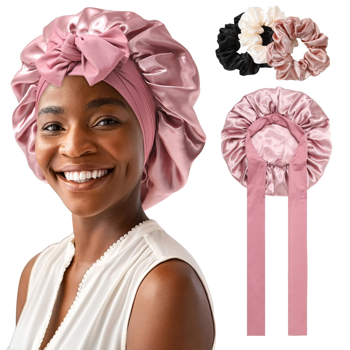 Satin Bonnet for Women Tie Band Hair Bonnet for Sleeping Large 2 Layered Silk Sleeping Cap Nightcap for Sleeping with 3PCS Hair Scrunchies (Dust rose(