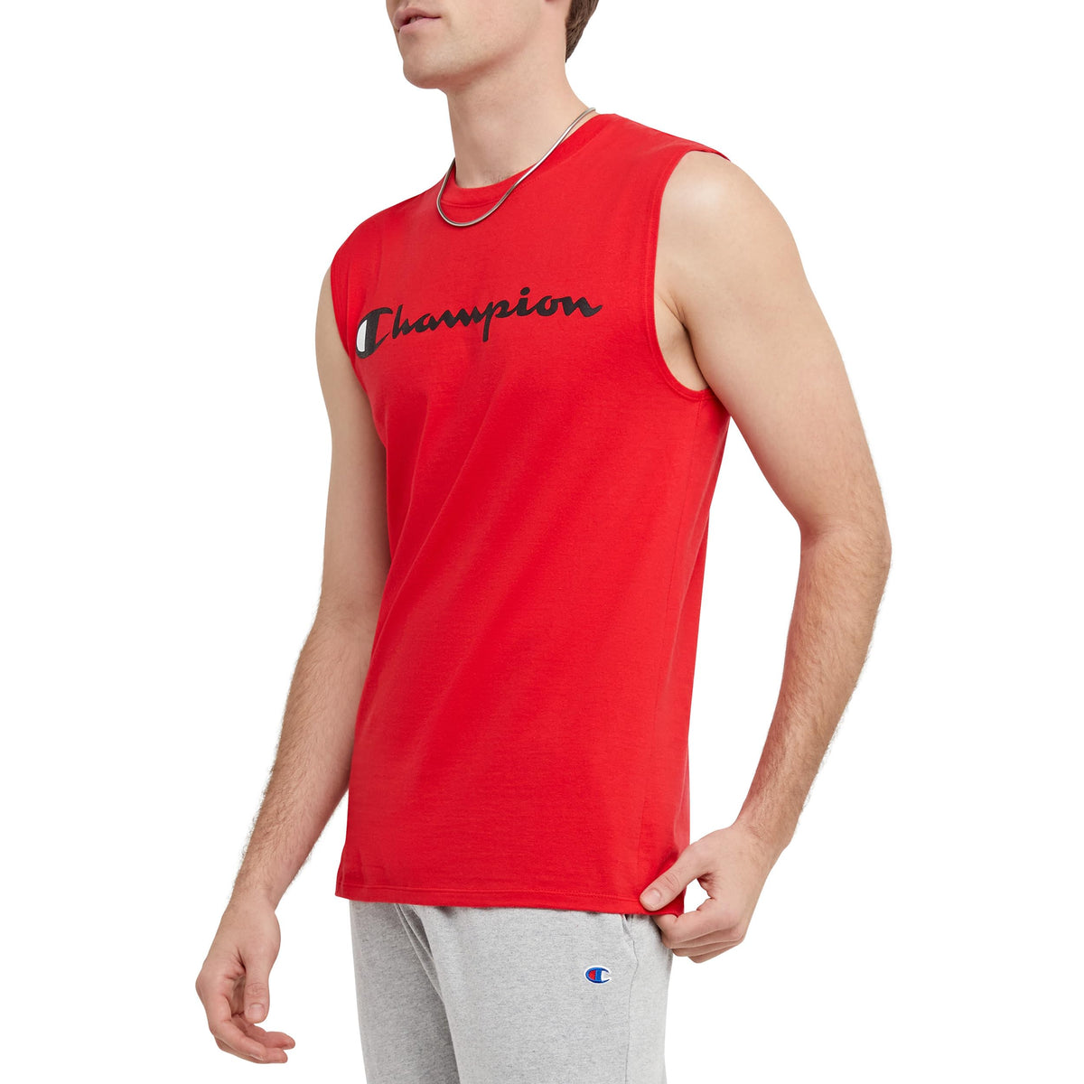 Champion Mens Classic Jersey Muscle Tee, Screen Print Script, Scarlet, Small