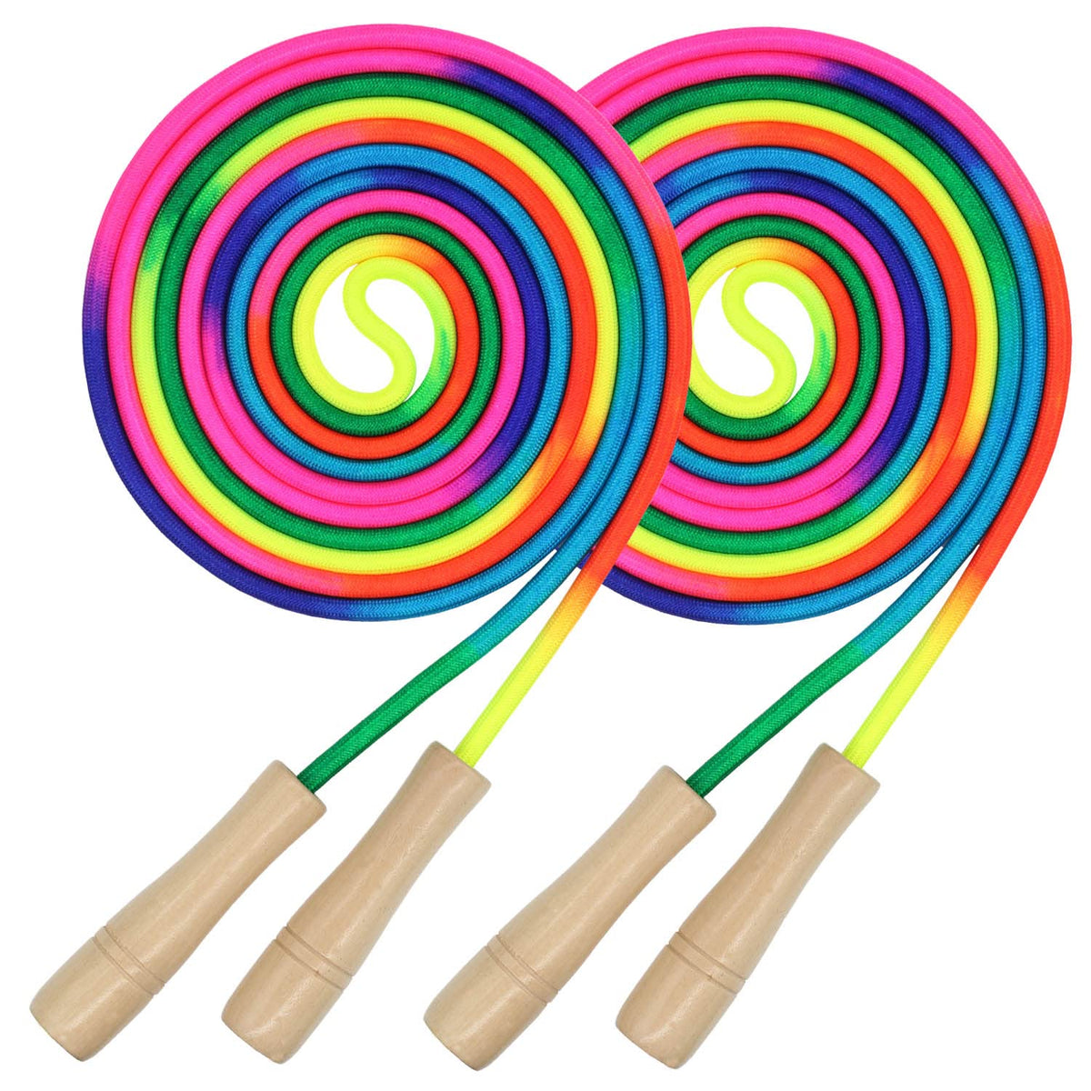 16 FT Long Jump Rope for Kids, 2 Pack Adjustable Double Dutch Skipping Rope with Wooden Handle, Multiplayer Rainbow Jumping Rope for Outdoor Fun, Scho