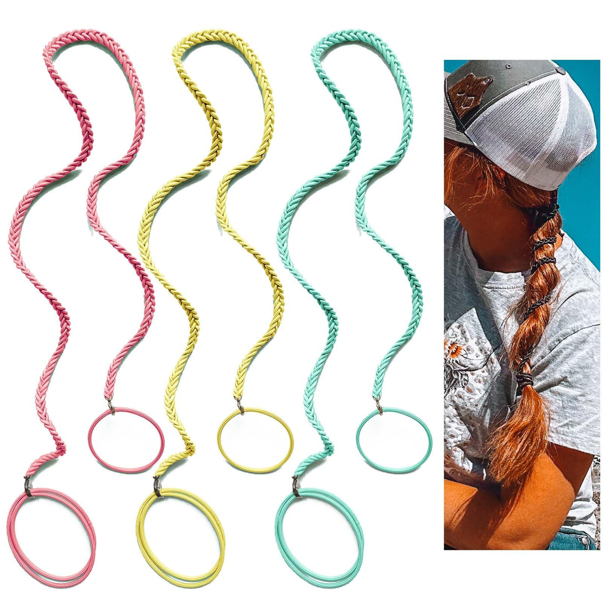 Hair Ties for Sports, Elastic Hair tie 25 inch Longhairs Ponytail Holders, Colorful Braided Pony Tail Wrap for Wind and Water 3 Packs C