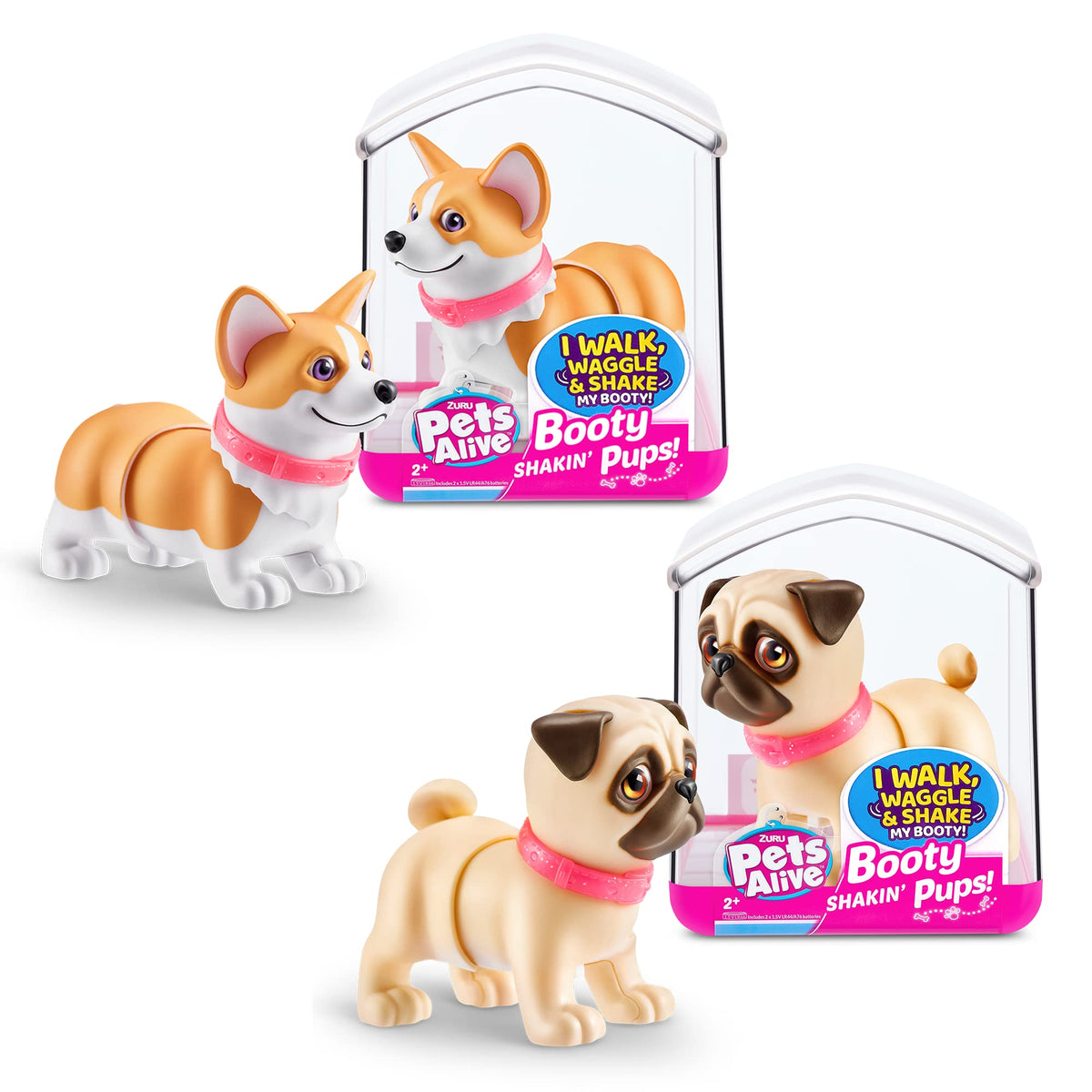 Pets Alive Booty Shakin Pups (Corgi & Pug) by ZURU, Interactive Mini Dog Toys That Walk, Waggle, and Booty Shake, Electronic Puppy Toy for Kids and G