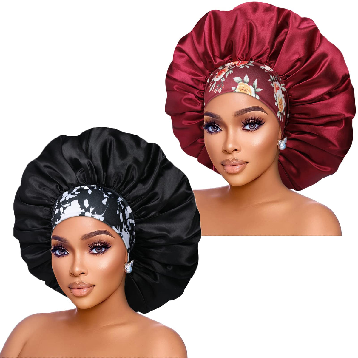 Silk Satin Bonnet Hair Cap: 2pcs 17inch Diameter Extra Large Jumbo Sleeping Satin Bonnets with Comfortable Flower Band  High Density Satin Bonnets fo