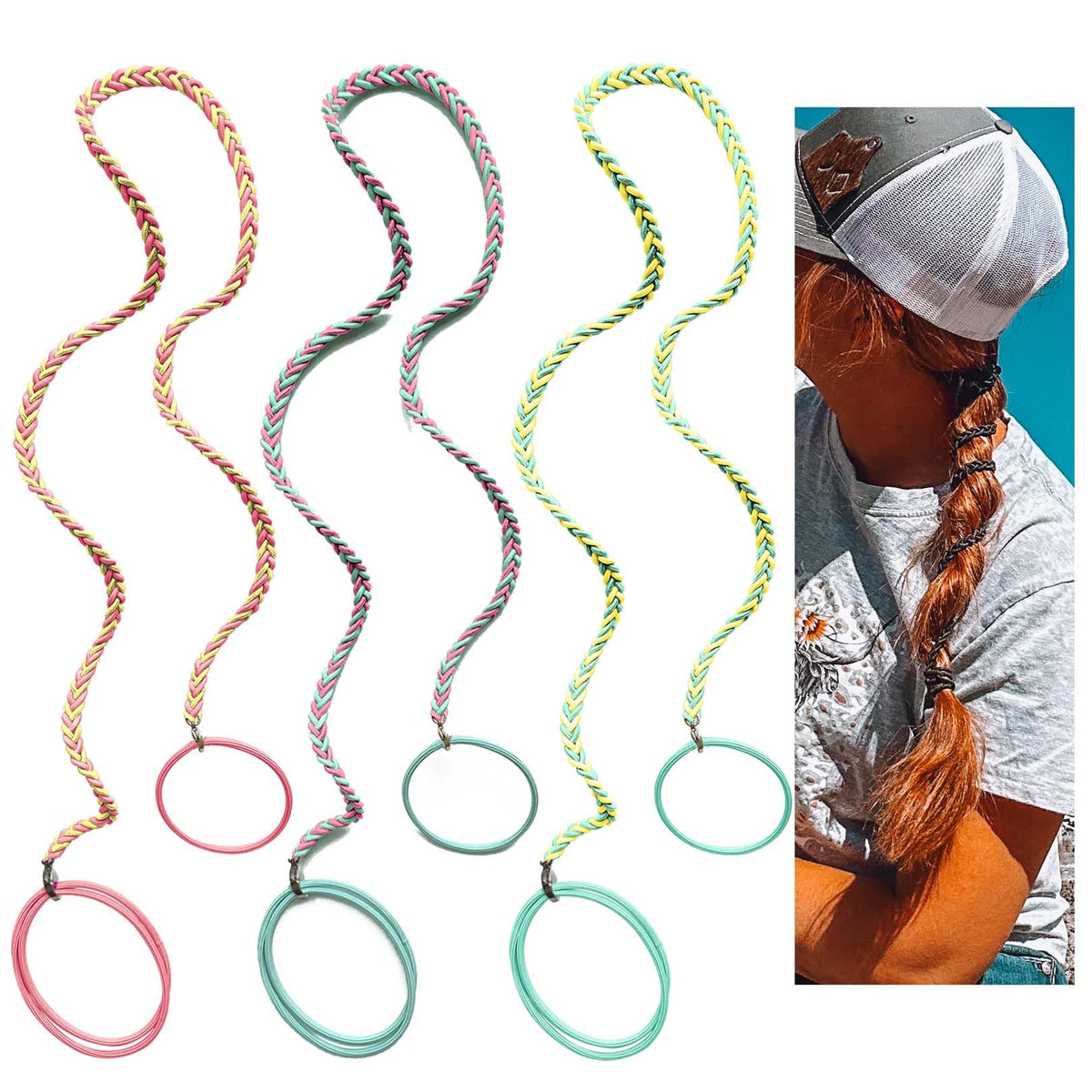 Hair Ties for Sports, Elastic Hair tie 25 inch Longhairs Ponytail Holders, Colorful Braided Pony Tail Wrap for Wind and Water 3 Packs A