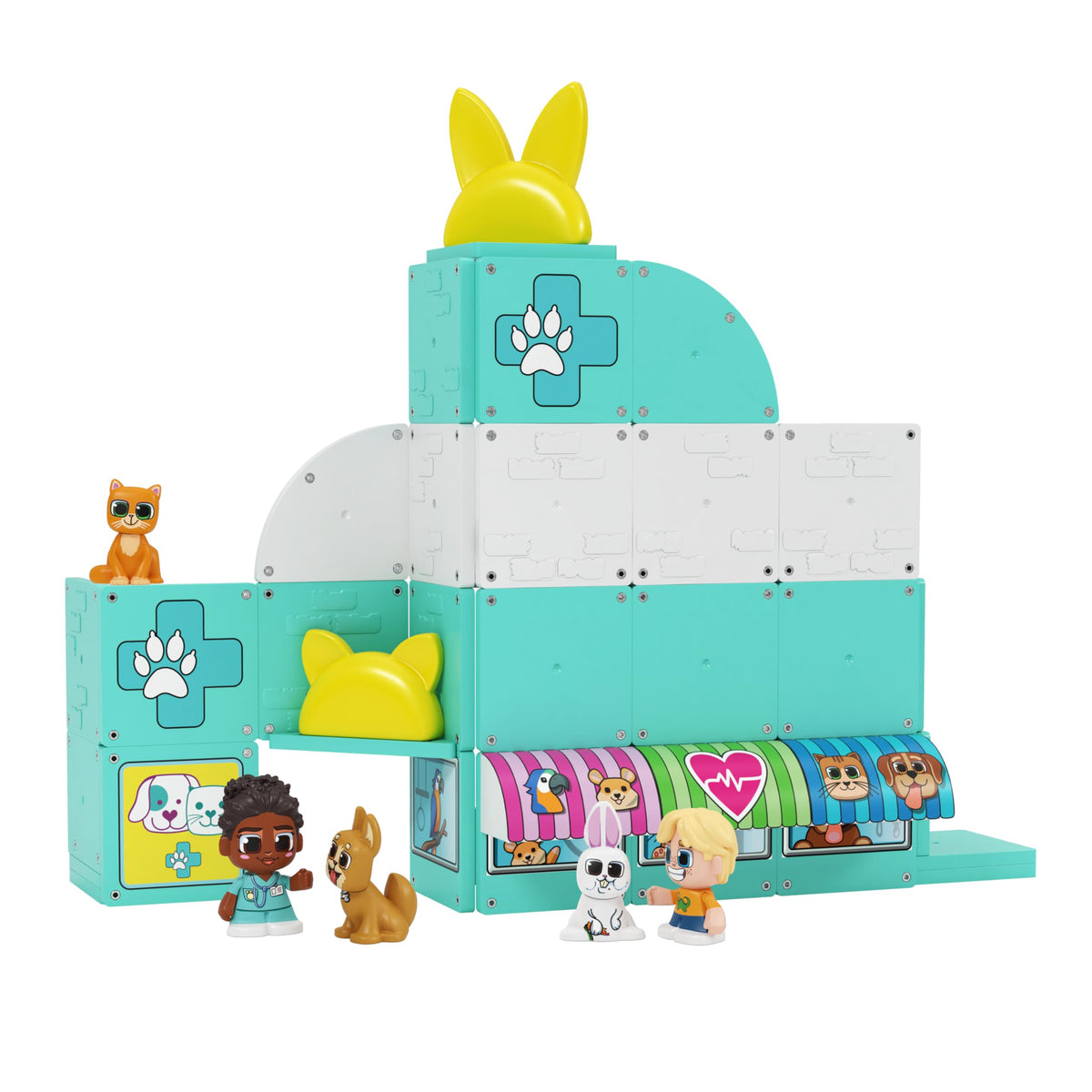 Tile Town Pet Vet Magnetic Tiles Construction Building Playset + Figures, Kids 36+, New Action Tiles for Action Play, Realistic Builds, Creative Toy,