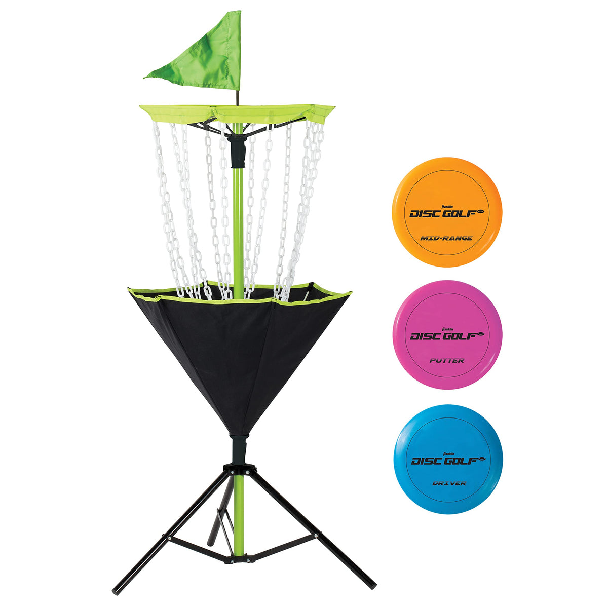 Franklin Sports Disc Golf Basket + Discs Set  Portable Disc Golf Target Basket with Chains  3 Discs Included  Driver, MidRange + Putter