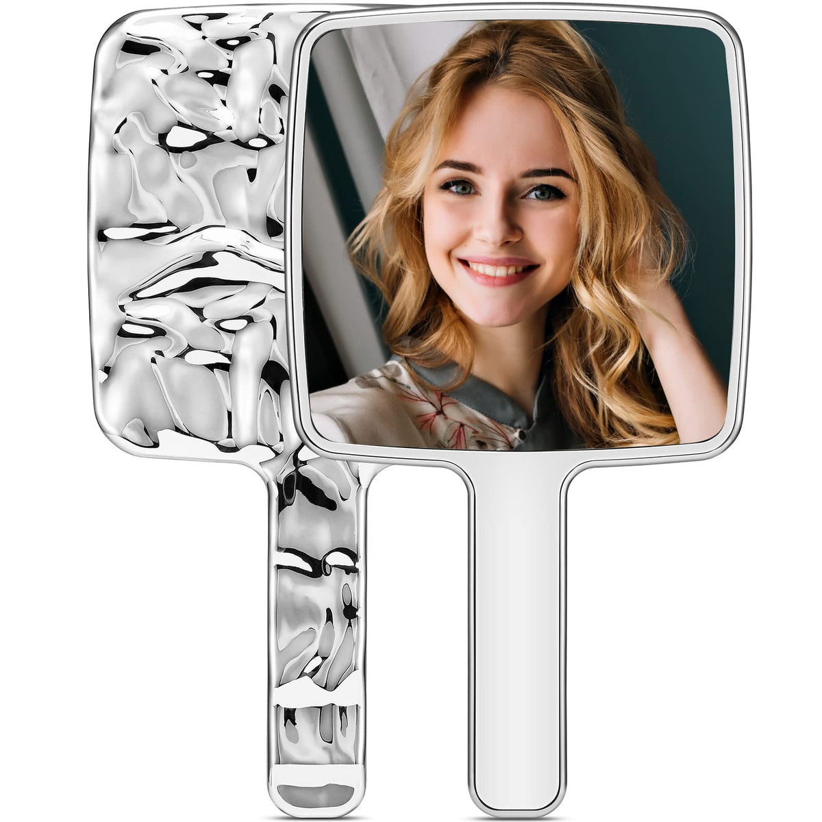 MIRRORNOVA Handheld Mirror, Water Ripples Hand Mirror with Handle for Make up, Square, Silver,Large (6 x 11 inches)