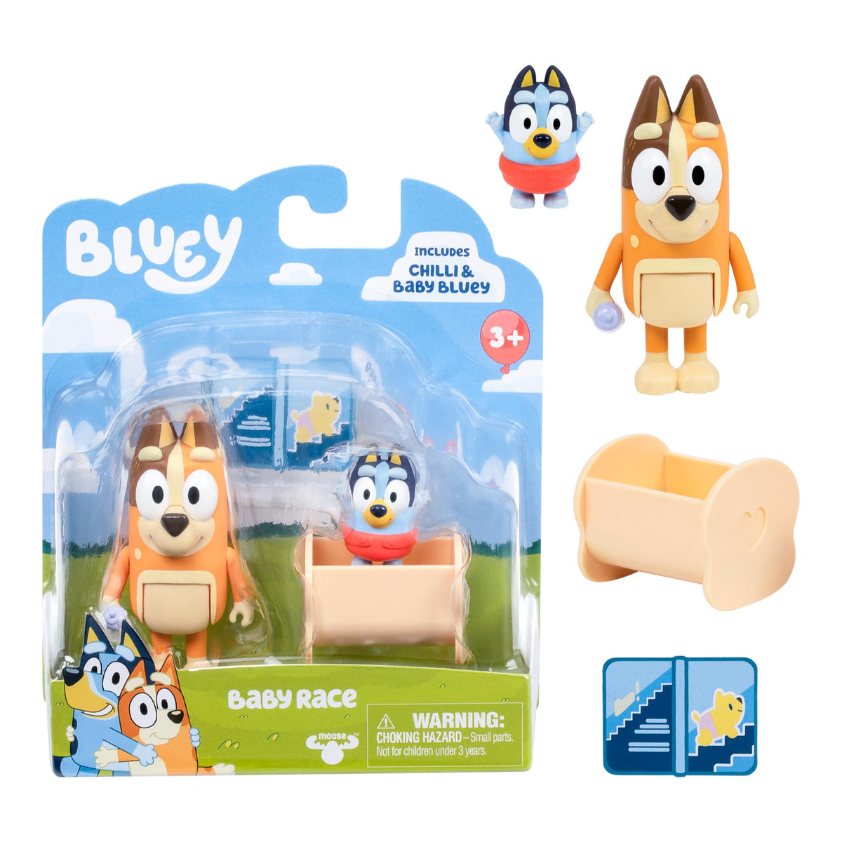 BLUEY Figure 2Pack Baby Race | 2 Figure Pack with Chilli and Baby with Cradle Accessory