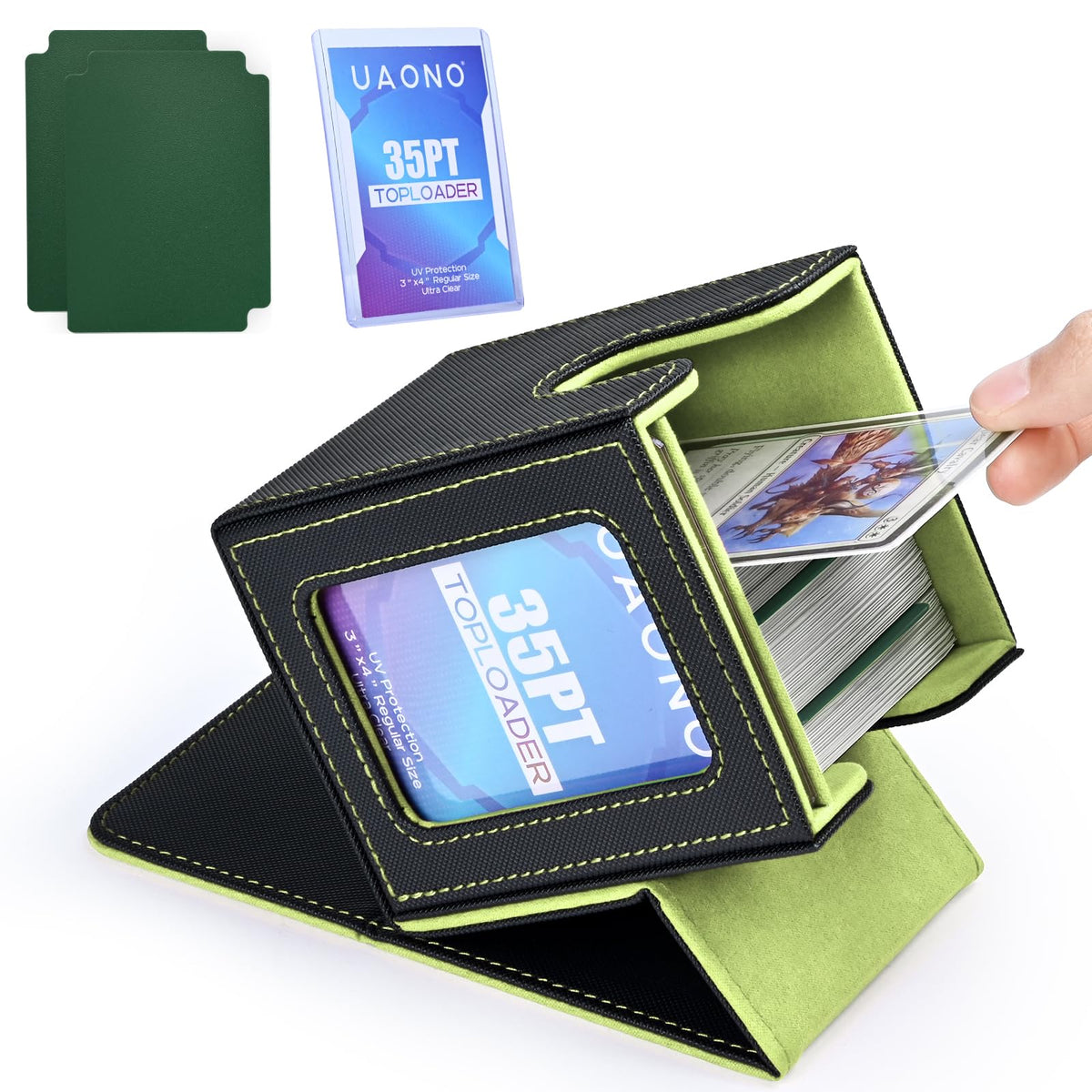 UAONO Card Deck Box with MTG Commander Display, Patented Design Card Deck Case Holds 100+ DoubleSleeved Cards, PU Leather Cards Storage Box for TCG w