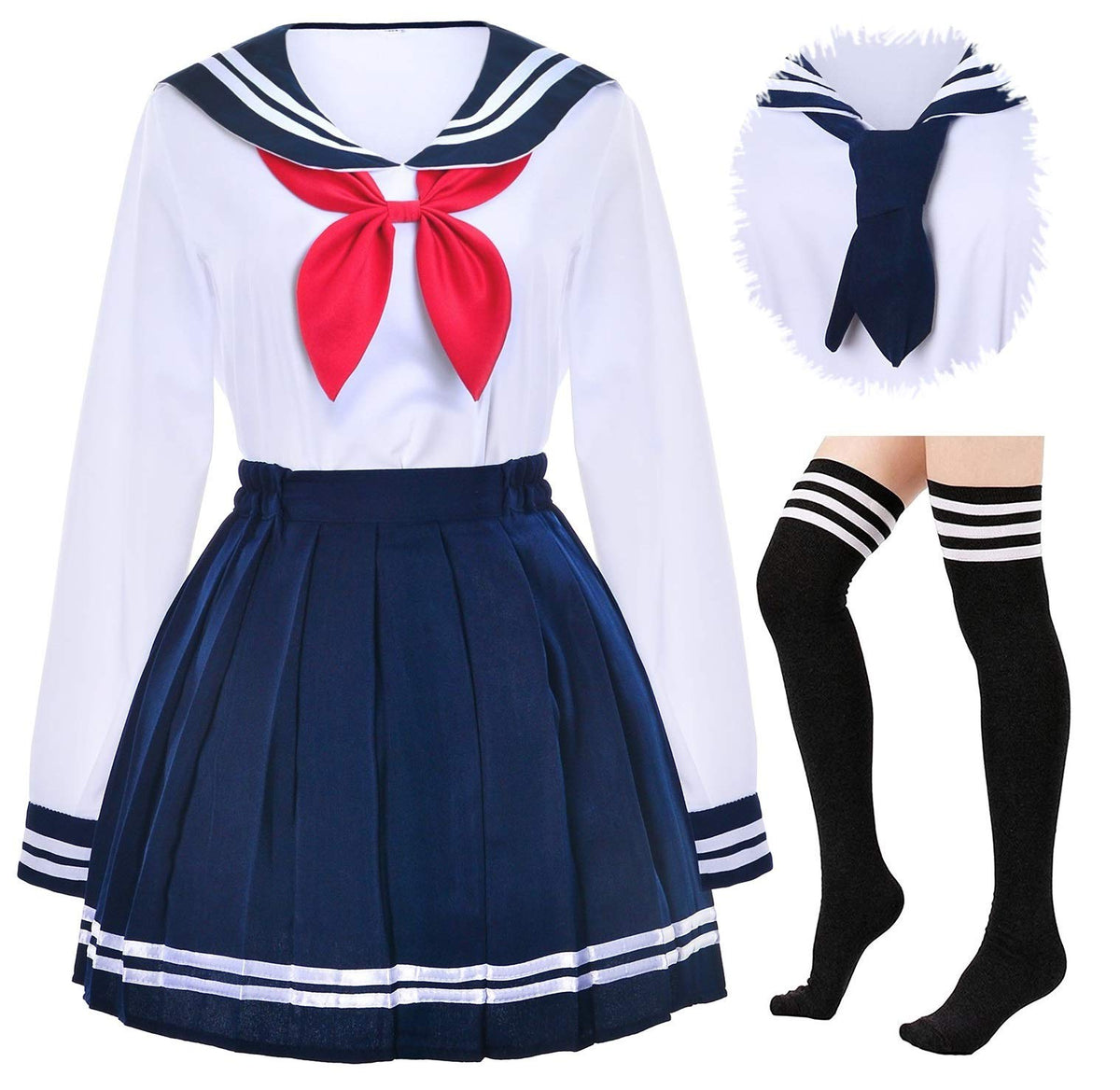 Japanese School Girls Uniform Sailor Navy Blue Pleated Skirt Anime Cosplay Costumes with Socks Set(SSF13) 4XL(Tag 5XL)