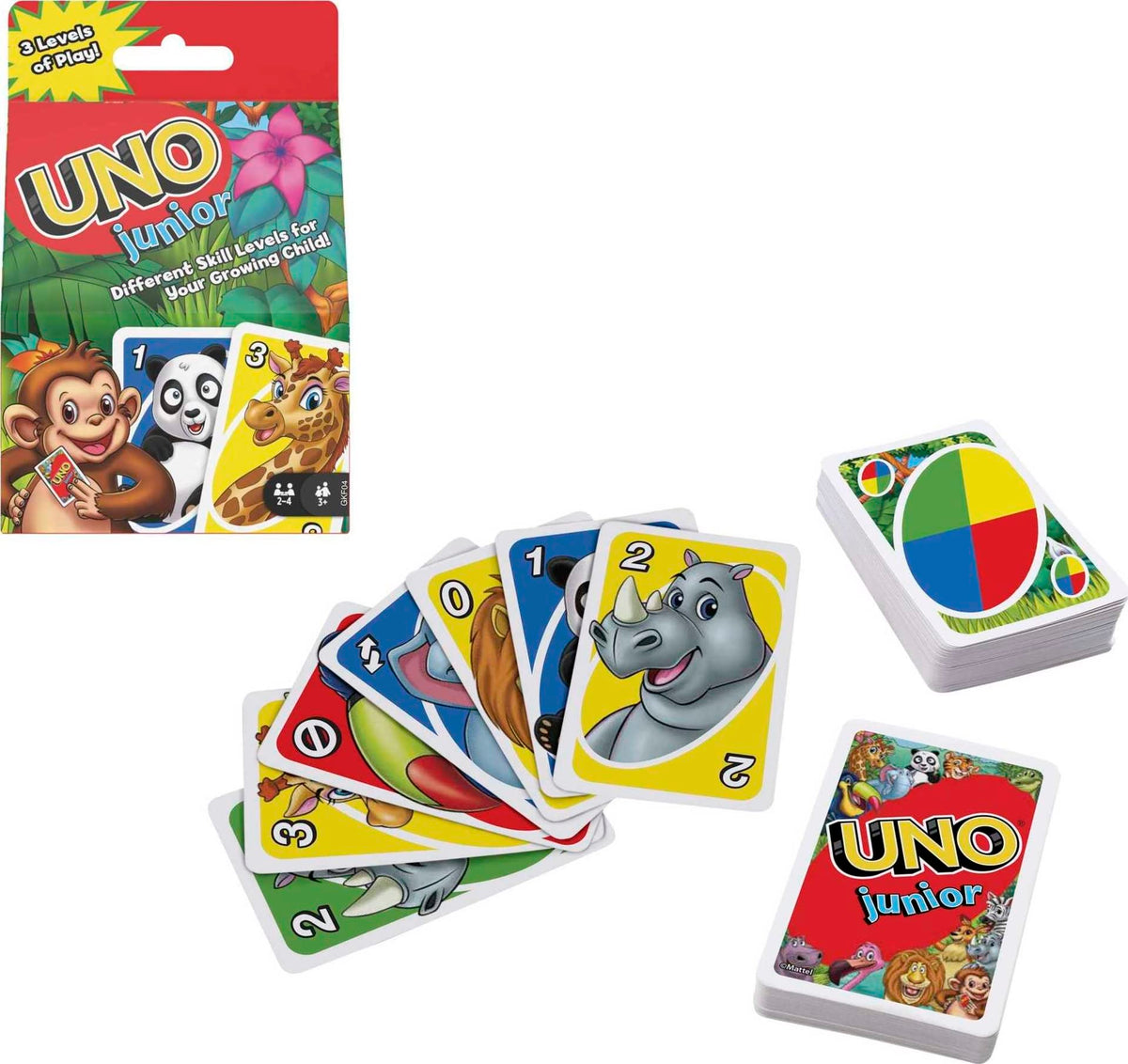 Mattel games UNO Junior card game for Kids with Simple Rules, Levels of Play and Animal Matching for 24 Players