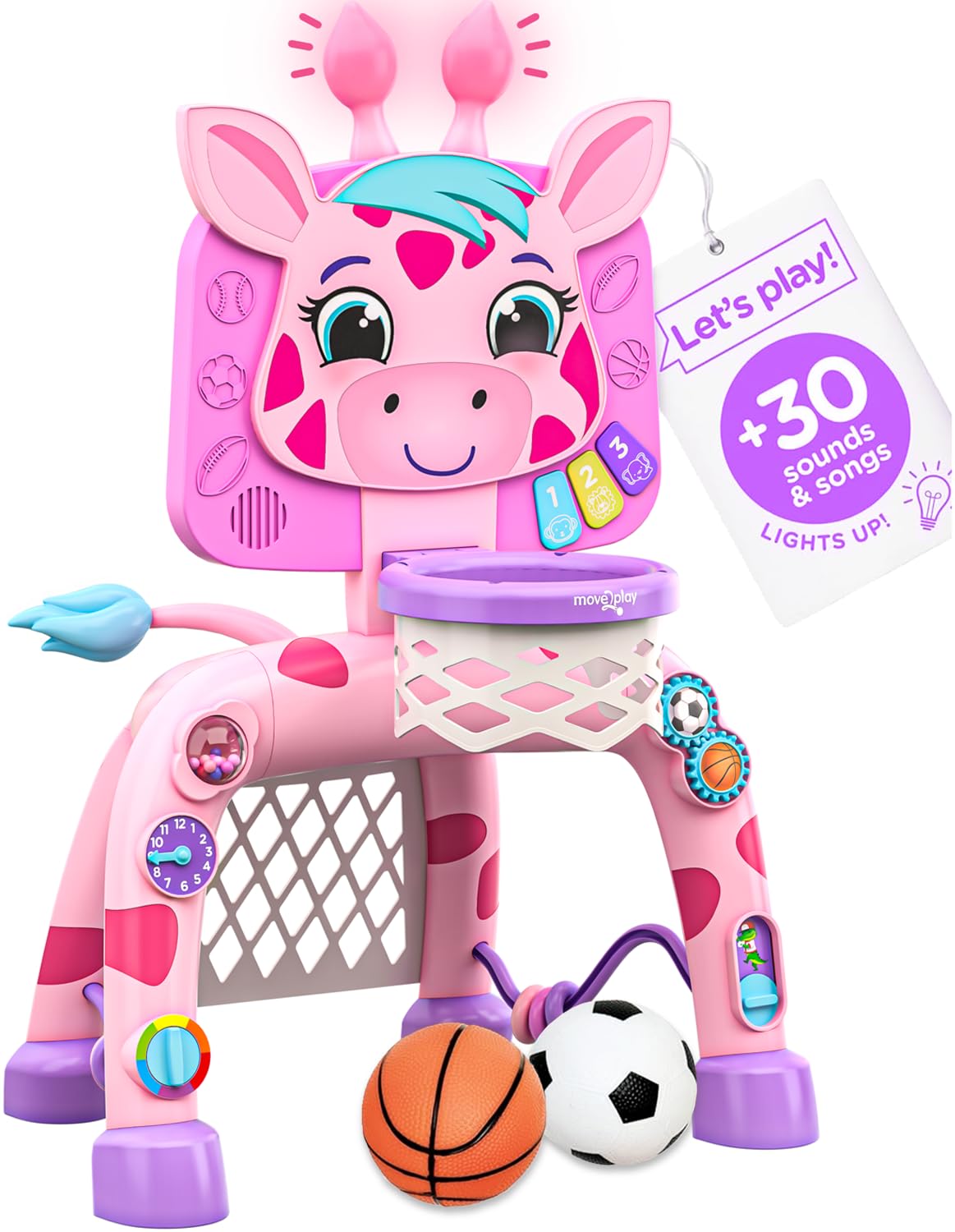 Move2Play, Giraffe Basketball Hoop & Soccer Goal Activity Center | 30+ Sounds & Songs + 5 Lights | 1 2 3 Year Old Birthday Gift for Boys and Girls | T