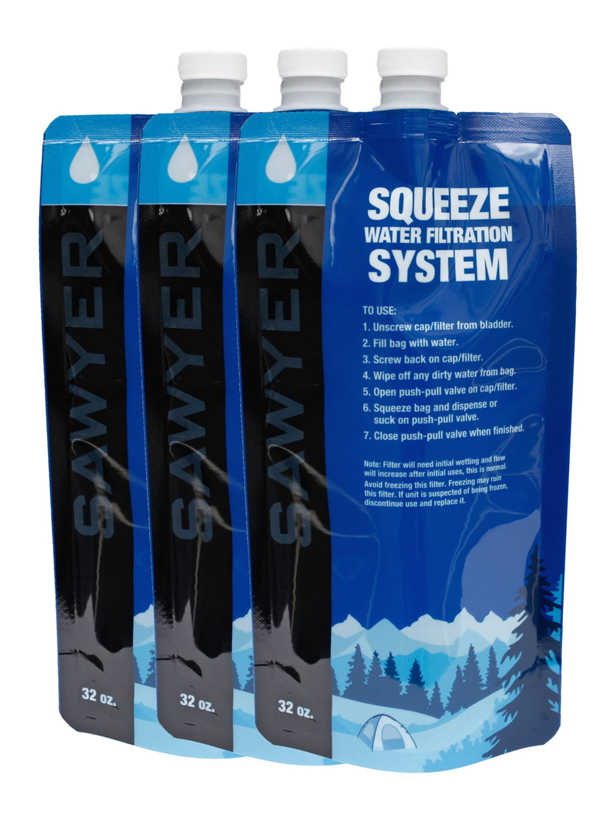 Sawyer Products SP113 Squeezable Pouch for Squeeze and Mini Water Filtration Systems, 32Ounce, 3Pack, Black/Blue