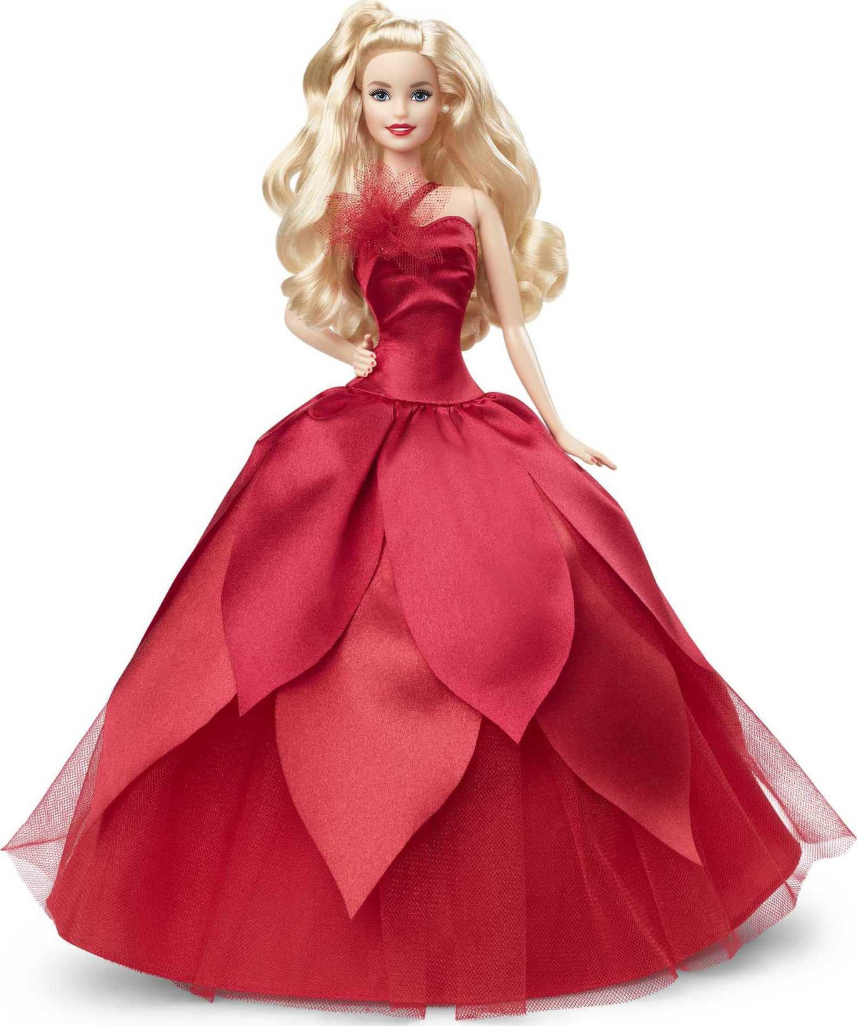 Barbie Signature 2022 Holiday Doll, Blonde Wavy Hair Wearing Red PoinsettiaInspired Gown, Collectible with Doll Stand & Certificate of Authenticity