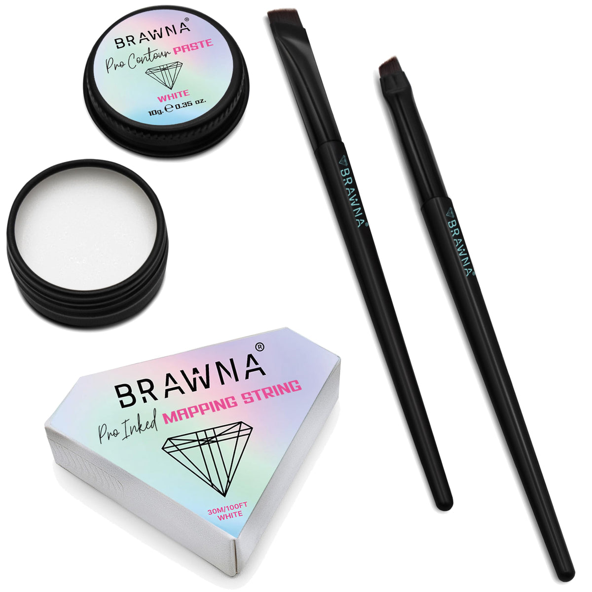 BRAWNA Pro PMU Mapping Kit for Eyebrows and Lips, 1 Countour White Mapping Paste, 1 White Mapping String, 1 Angled Eyebrow Brush