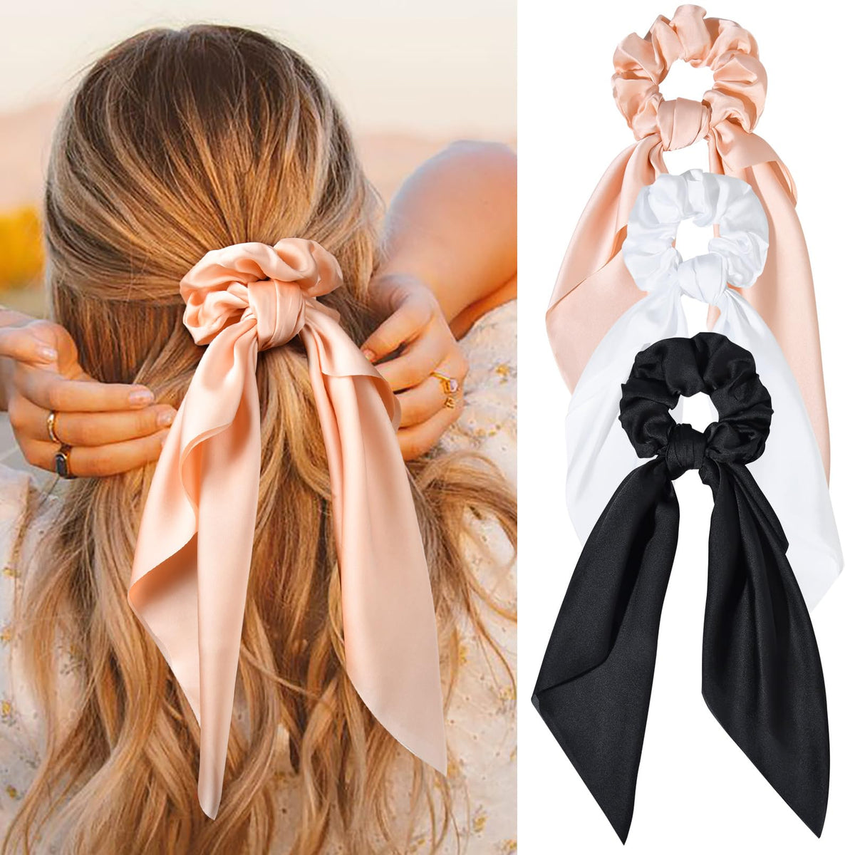 3PCS Hair Scarf Scrunchies HairRibbons for Women Satin Silk Elastic Hair Tie Bow Bands Ponytail Holder Accessories for Women Girls (Black White Aprico