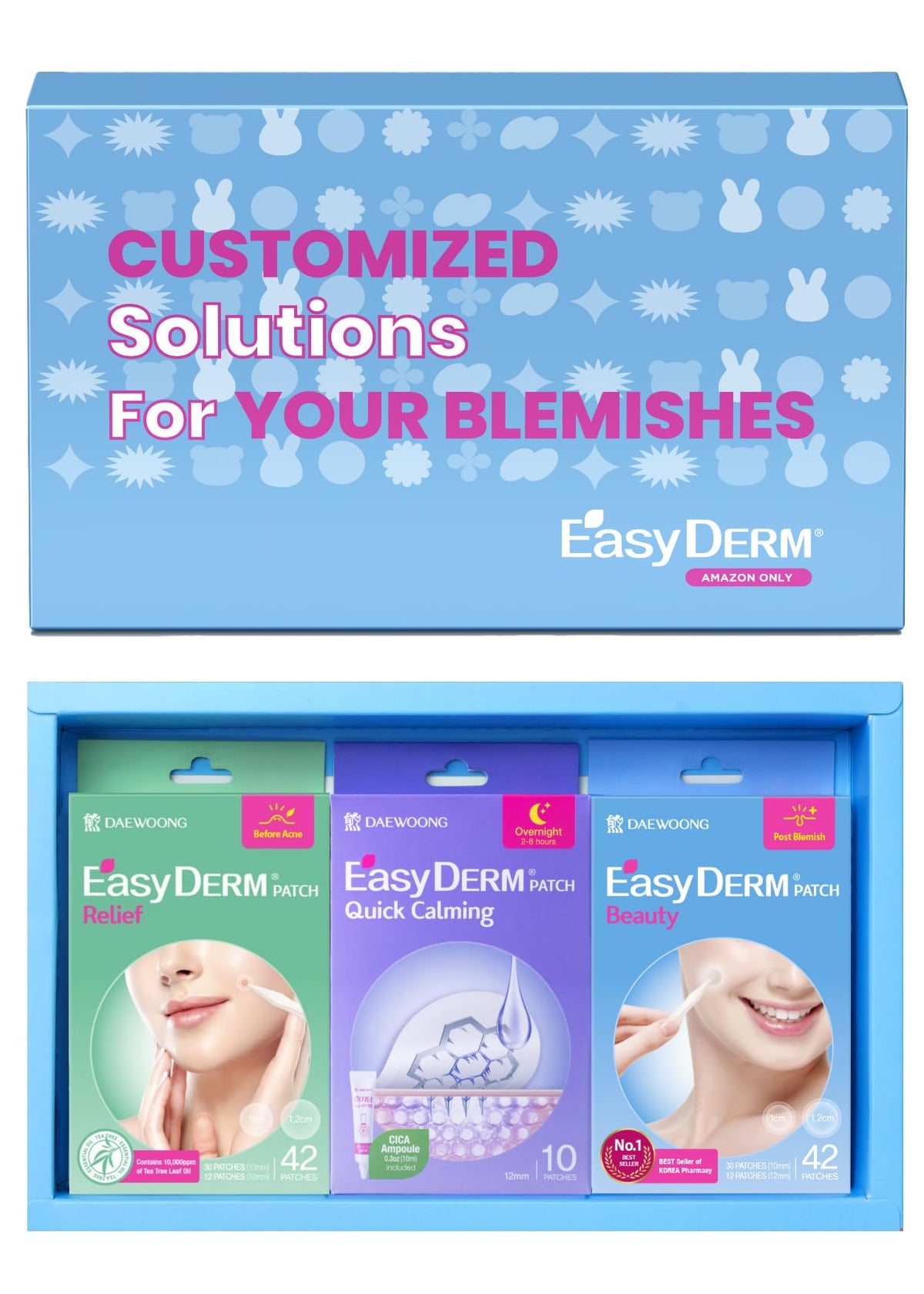 EasyDerm 3 Types of Pimple Patches 3Type Gift Set, Acne care soluution, Korean Spot Patch to Cover Zits?Quick Calming(10ea) + Relief(42ea) + Beauty P