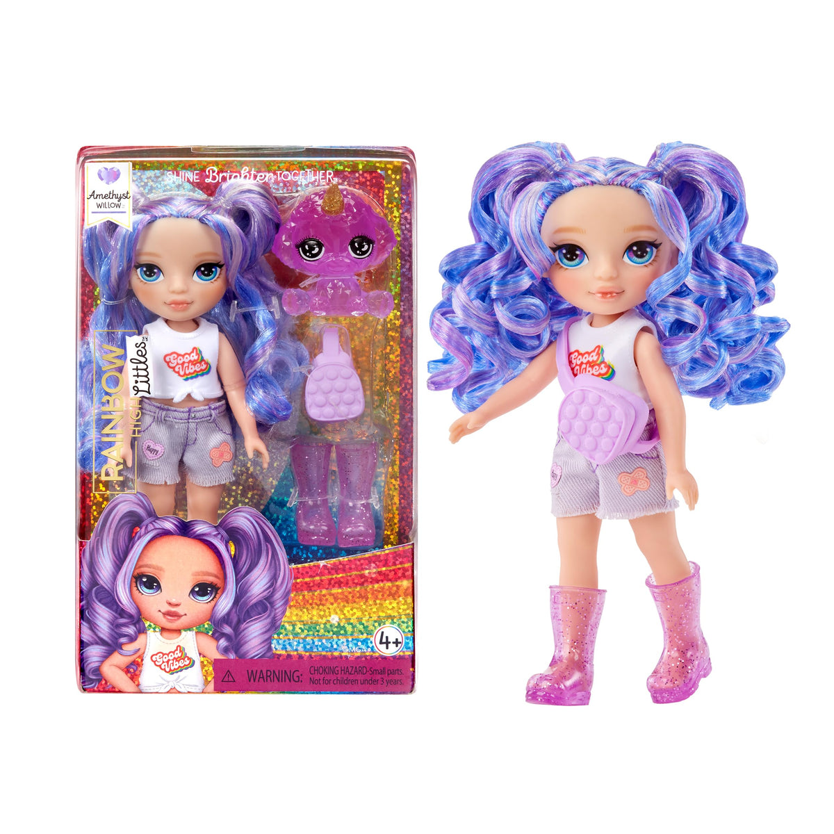 Rainbow High Littles  Amethyst Willow, Purple 5.5inch Posable Small Doll with Purse, Magical Pet Dog, Girls Toy Gift, Kids Ages 412 Years