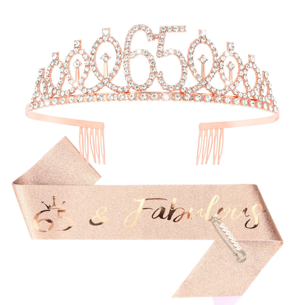 CIEHER 65th Birthday Gift Set for Friends  Crown, Sash, and Pearl Pin for Women, Birthday Party Decorations and Supplies