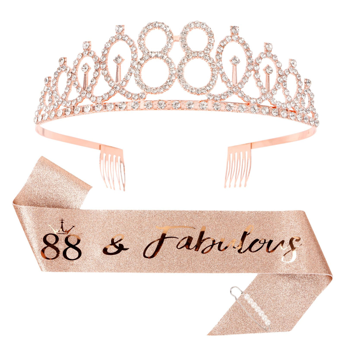 CIEHER 88th Birthday Crown + 88th Birthday Sash + Pearl Pin Set, 88 & Fabulous Birthday Sash, 88 Birthday Tiara, 88th Birthday Decorations for Women, 