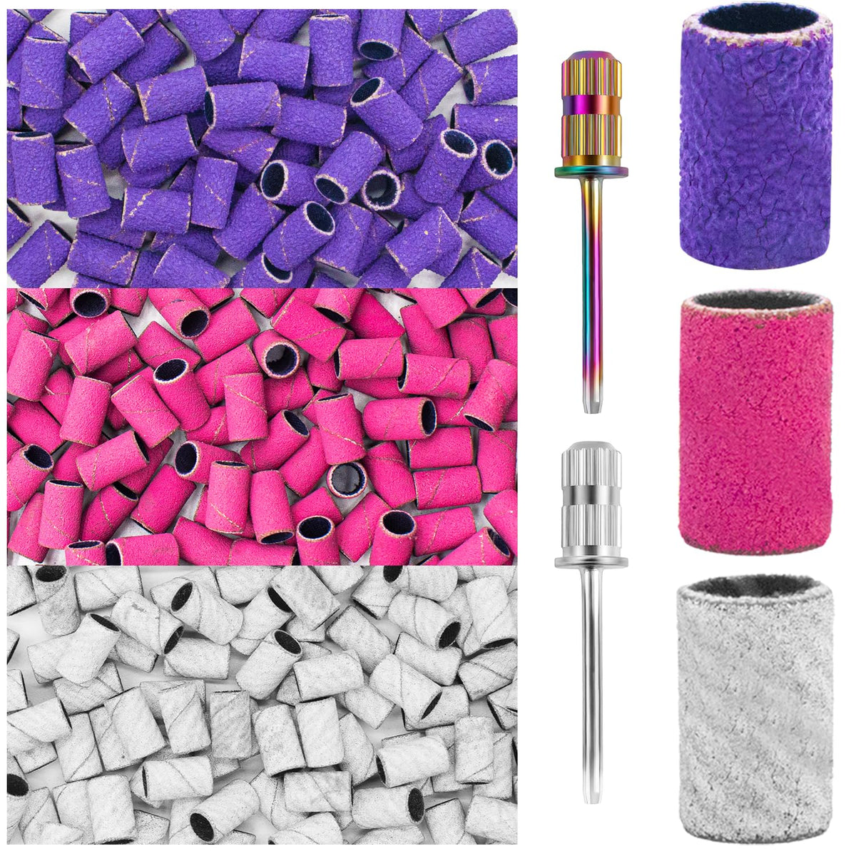 Nail Sanding Bands for Nail Drill, 300Pcs Nail Sanding Bands Coarse Fine Grit Sanding Bands 100#180#240#Grit Sanding Bands with 3/32 Mandrel Bits, 