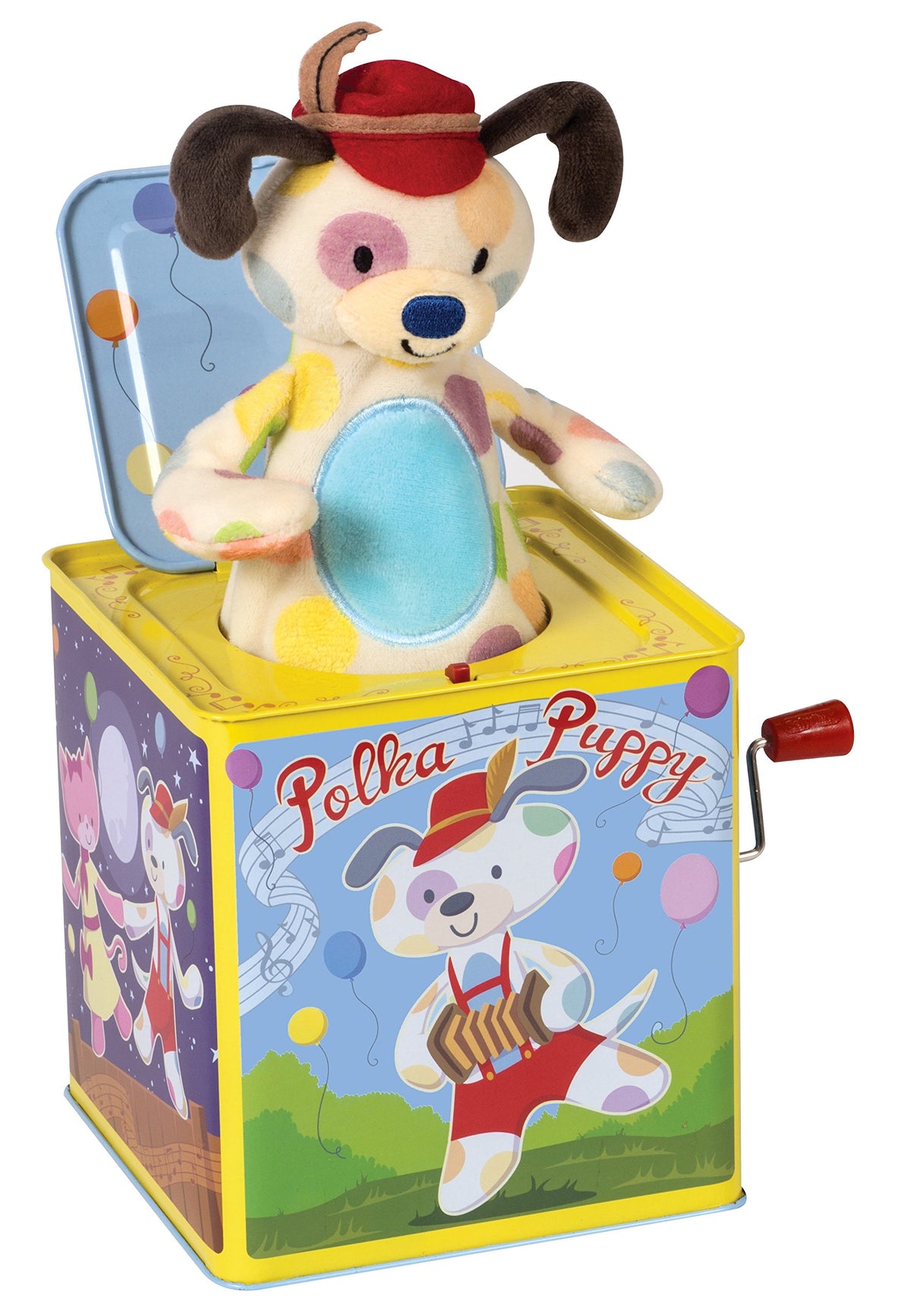 Schylling Polka Puppy Jack in the Box  Classic Childrens Musical Toy that Dances  Colorful Embossed Tin Box and Lovable Puppy Plush  Age 18 months