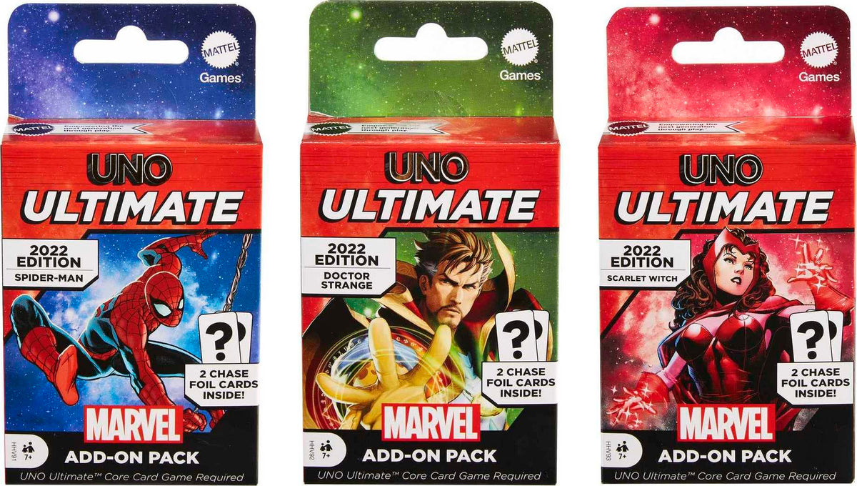 Mattel Games UNO Ultimate Marvel AddOn 3Pack Set with Collectible Character Deck & 2 Foil Cards, Includes SpiderMan, Dr. Strange and Scarlet Witch