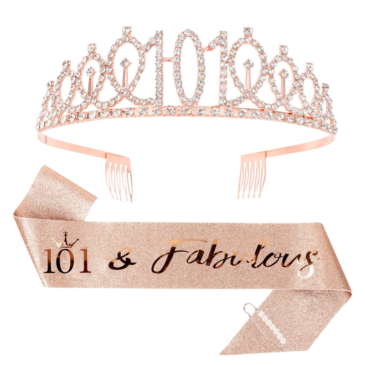 CIEHER 101th Birthday Crown + 101th Birthday Sash + Pearl Pin Set, 101 & Fabulous Birthday Sash, 101 Birthday Tiara, 101th Birthday Decorations for Wo