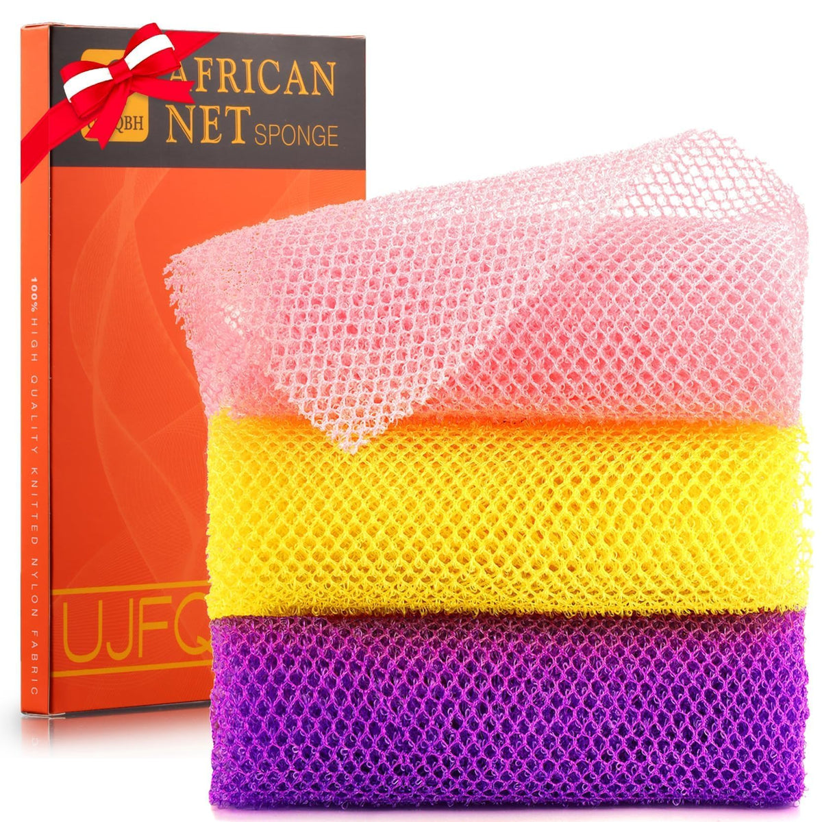 UJFQBH 3 Pieces African Bath Sponge African Net Long Net Bath Sponge Exfoliating Shower Body Scrubber Back Scrubber Skin Smoother,Great for Daily Use 