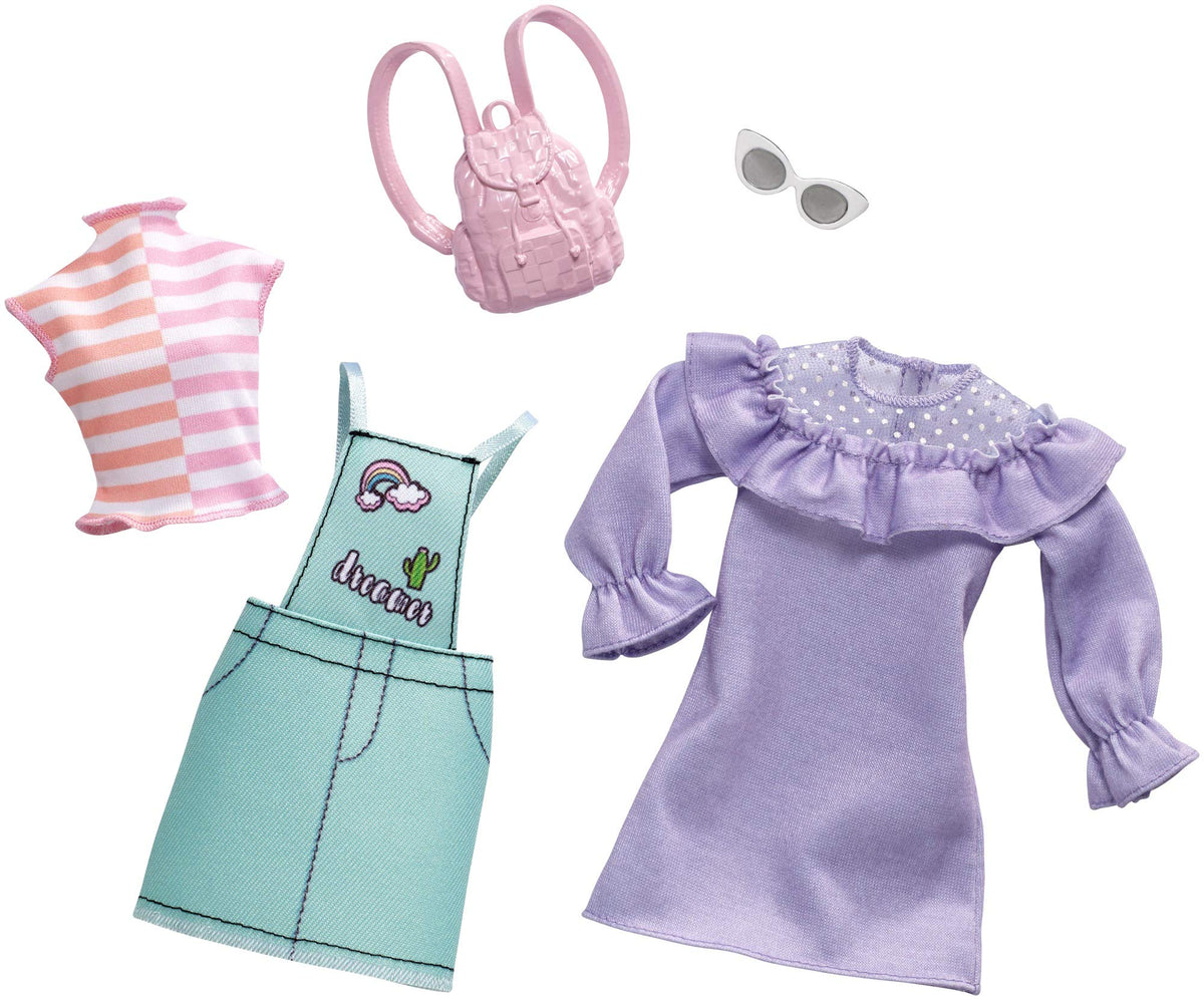 Barbie Clothes  2 Outfits Doll Feature Pastels Like Light Green Overalls with Cute Graphics and Pink Backpack, Gift for 3 to 8 Year Olds