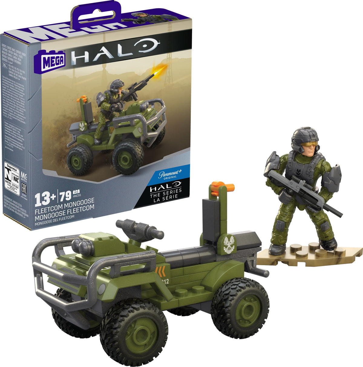 Mega Halo The Series ATV Building Toys Set, FLEETCOM Mongoose Vehicle with 79 Pieces, 1 Poseable Articulation Figure, Green, Kids or Adults