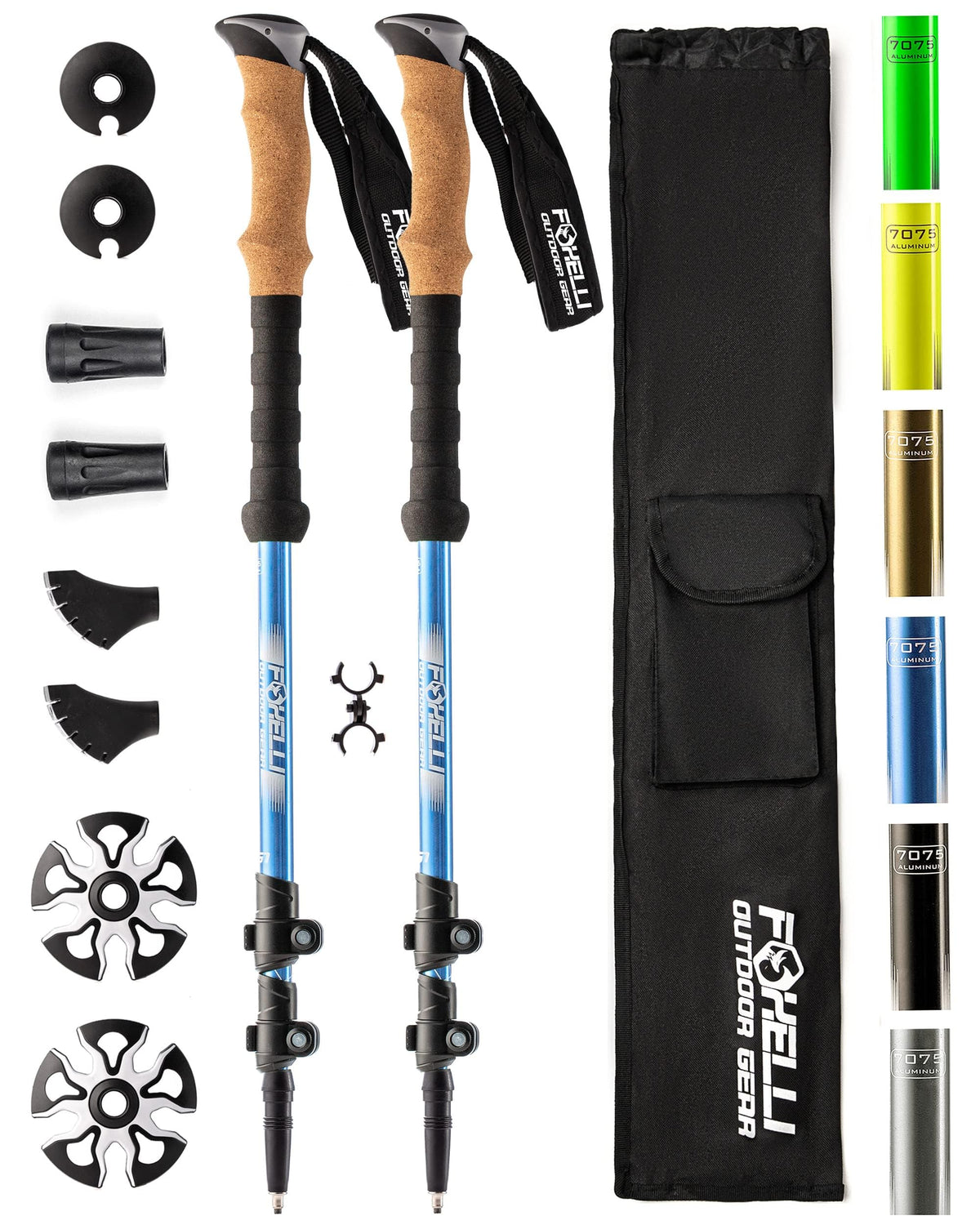 Foxelli Trekking Poles  2pc Pack Collapsible Lightweight Hiking Poles, Strong Aircraft Aluminum Adjustable Walking Sticks with Natural Cork Grips and
