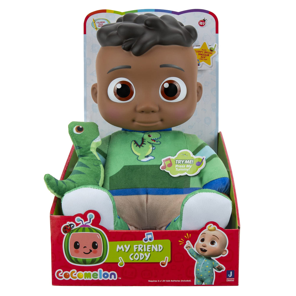 Cocomelon Official My Friend Cody with Dinosaur Plush  Plays Codys Special Dinosaur Day Song Clips  Press Tummy for Music and Phrases  Toys for Pre