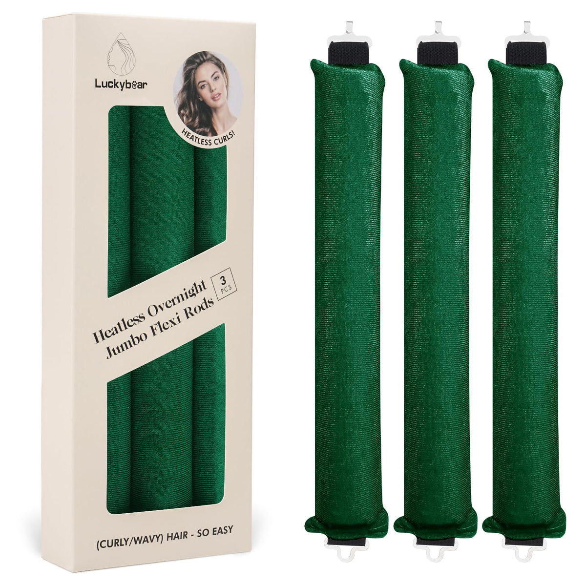 Heatless Hair Curler Rods for Overnight Satin Flexi Curls, Jumbo NoHeat Sleeping Styling Tools for All Hair Types  3pcs Green