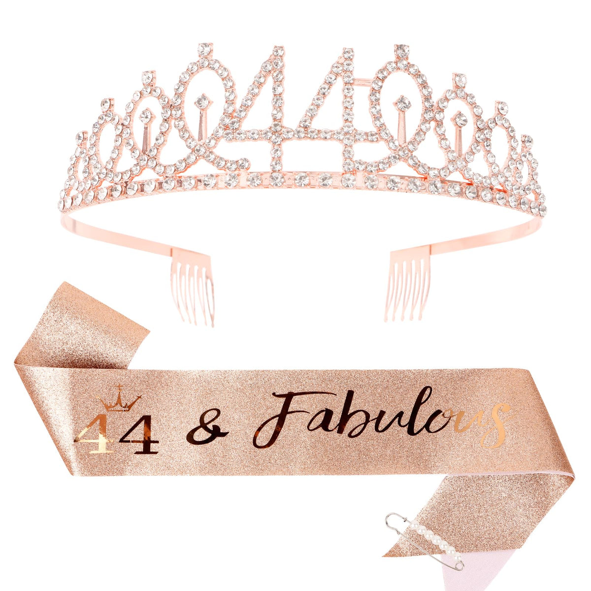 CIEHER 44th Birthday Crown + 44th Birthday Sash + Pearl Pin Set, 44 & Fabulous Birthday Sash, 44 Birthday Tiara, 44th Birthday Decorations for Women, 